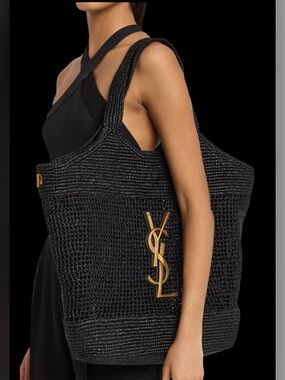 Vintage Luxe style Black Large Crotchet Logo Raffia  Tote Bag
